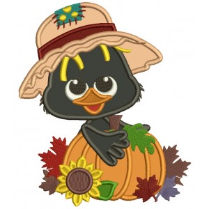 Cute Little Crow Holding Big Pumpkin Fall Thanksgiving Applique Machine Embroidery Design Digitized Pattern